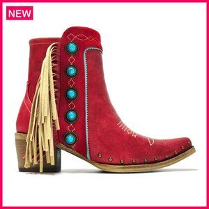 Western Fringe Studded Ankle Boots with Turquoise Stones, Size 7